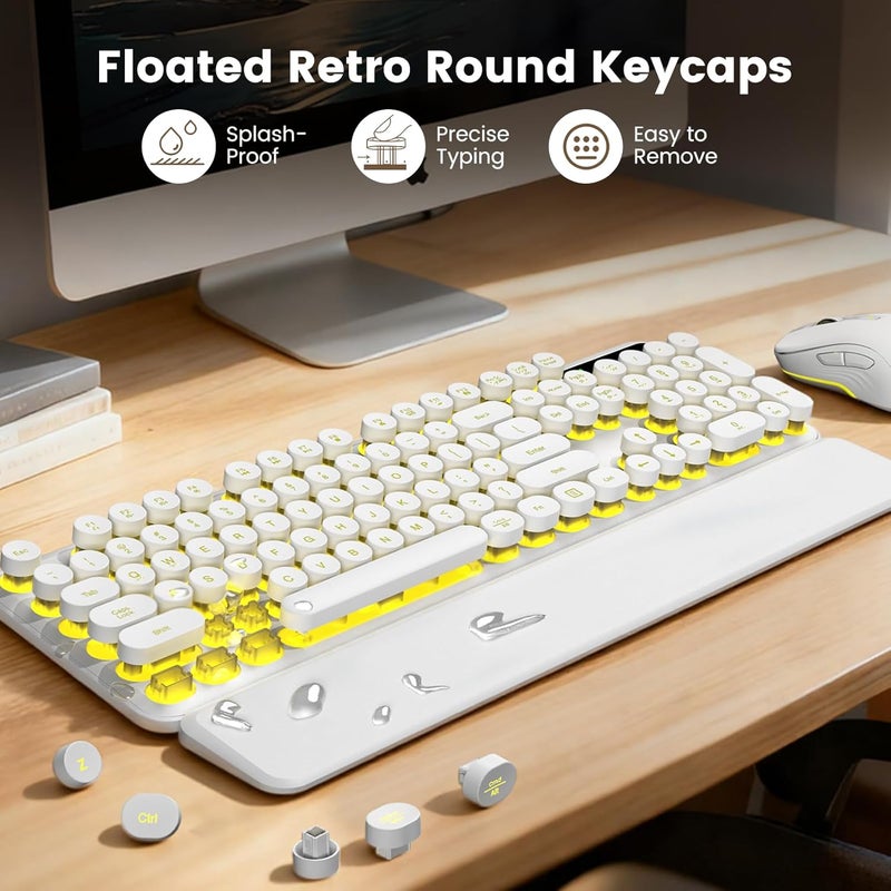 SABLUTE Wireless Keyboard and Mouse Combo, Backlit Round Keycaps, Retro Typewriter Keyboard with Detachable Wrist Rest, Rechargeable & Tilt Legs, 2.4GHz Cordless Connection for Windows/PC (Glowing White) - Image 4